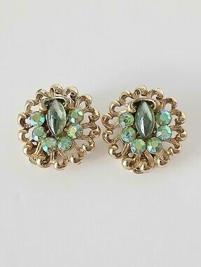 Vtg 60s Gold Cluster Clip-On Earrings with Green and Aurora Borealis Rinestones